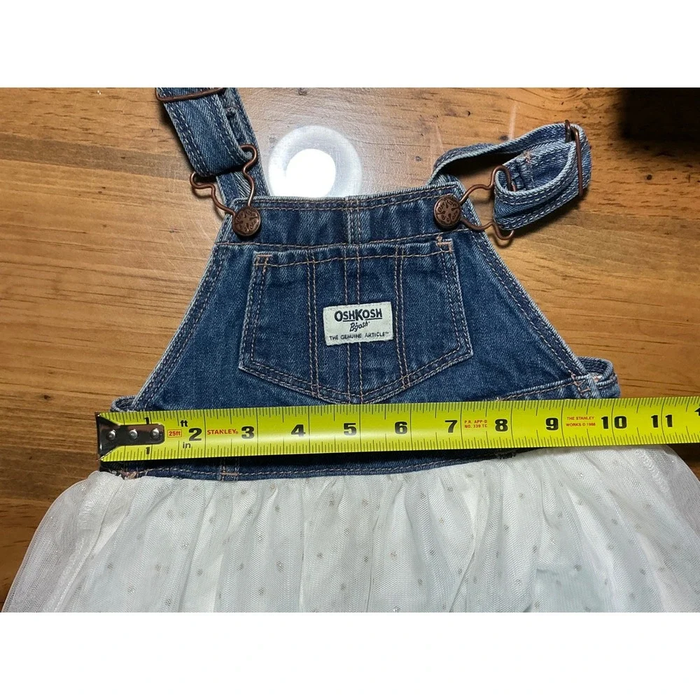 OshKosh Bgosh Baby‎ Girls 18M Denim Tulle Tutu Overall Dress Blue Cream Gold Dot